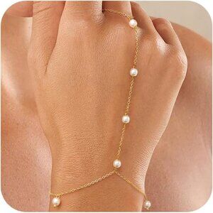 Women Hand Chain Bracelet Dainty Pearl Sterling Silver Gold Plated Adjustable